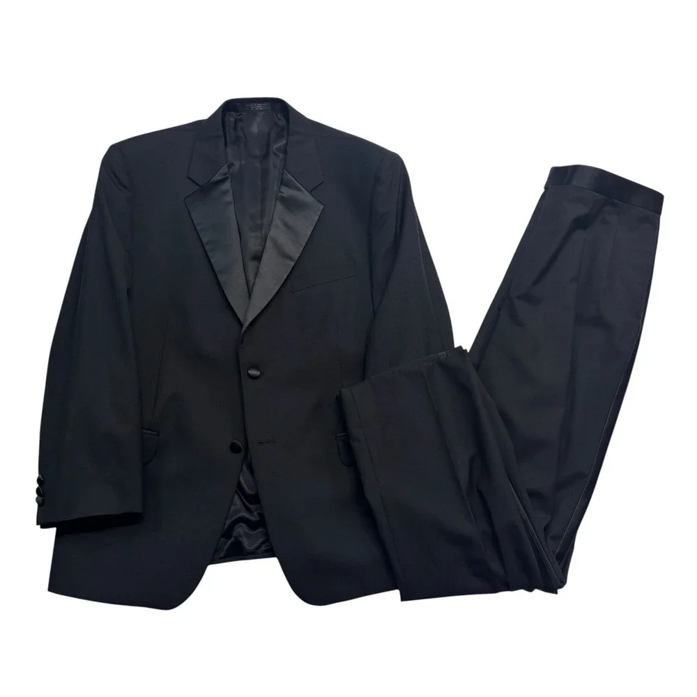 vtg Y2K Jones New York 43S 36x32 Black Tuxedo 2pc Pant Suit Wool Satin Formal